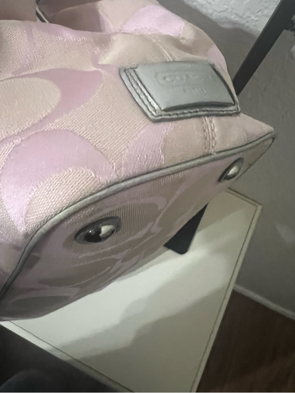 Coach Pink Signature Stripe Shoulder Handbag with Silver Trim - Picture 5 of 10